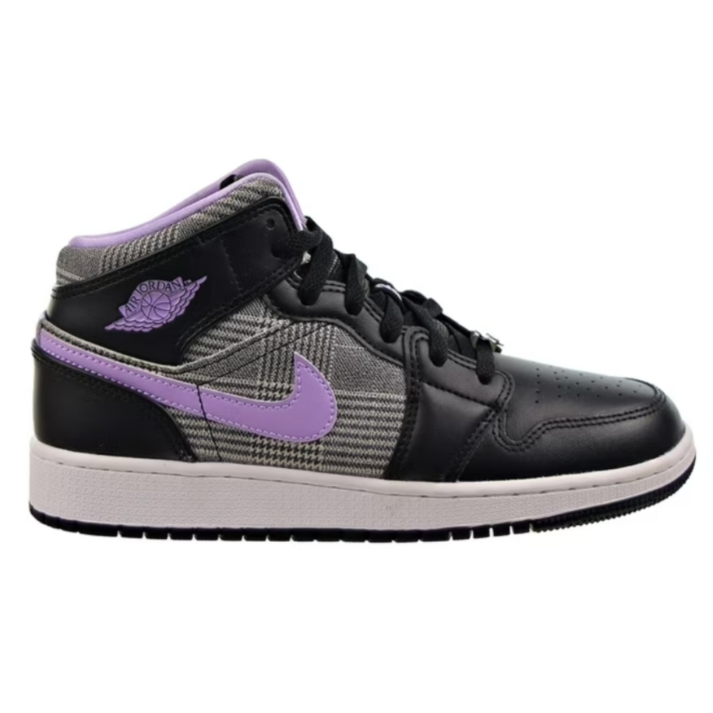 Nike Girls Air Jordan 1 Mid SE Houndstooth Black Purple Gray Sneakers, 7Y